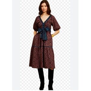 Anthropologie Love the Label Elegant Women's Dress with Blue and Red Pattern L